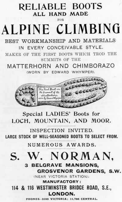 Advertisement for S. W. Norman Alpine Climbing Boots, illustration from 
